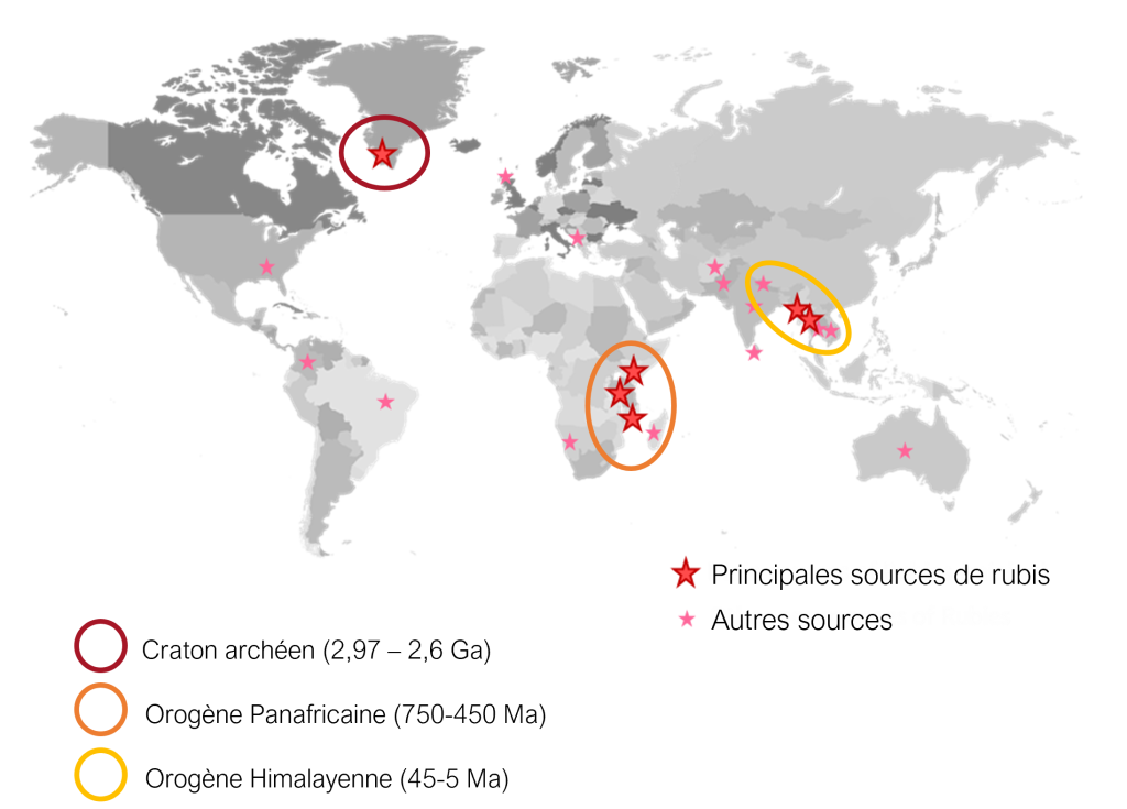 Cartes des principales source de Rubis dans le monde
